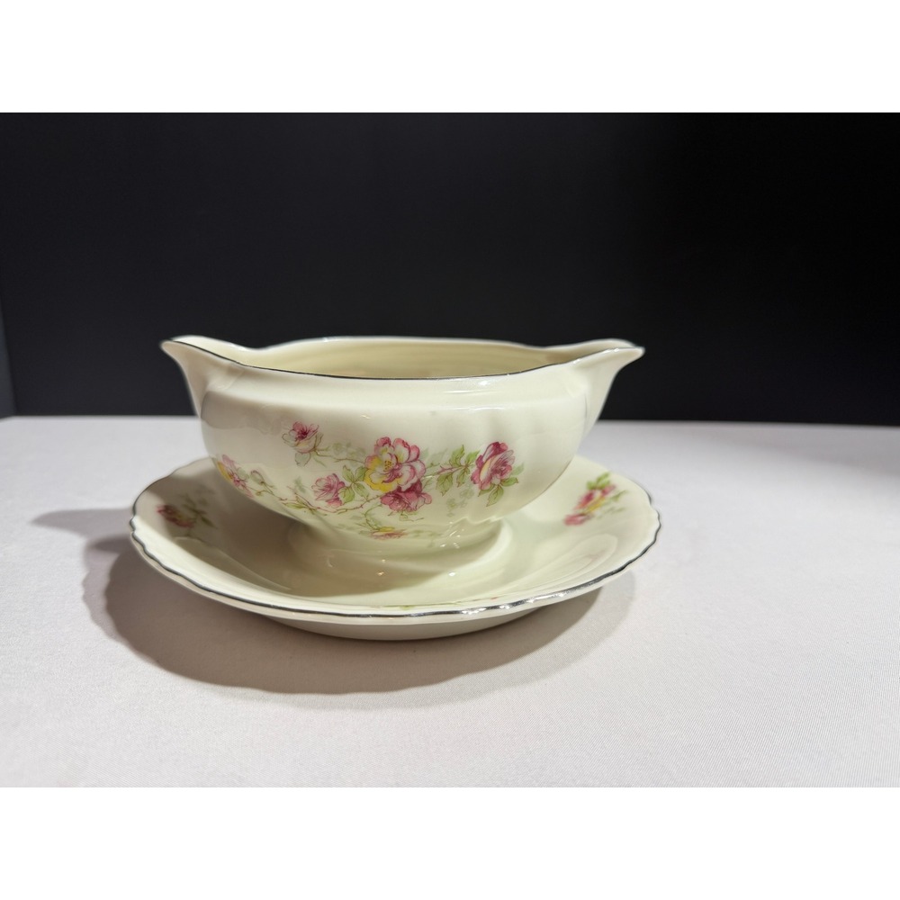 Theodore Haviland New York Gravy Boat Attached Underplate Pink Rose Floral Trim